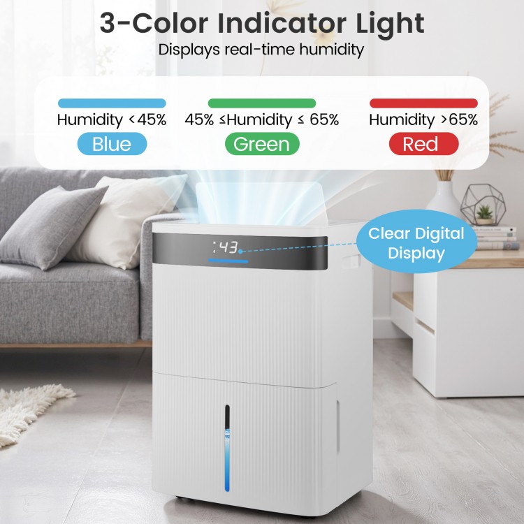 74 Pints dehumidifier with clear digital display and 3-color humidity indicator for home use, ideal for 4500 sq. ft.