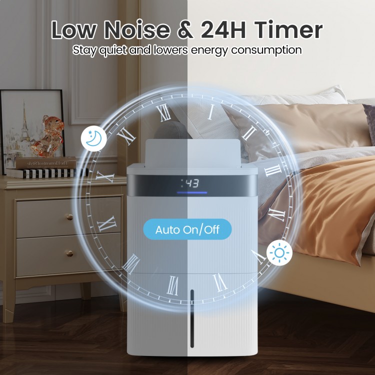 74 pints dehumidifier with smart touch control, 24-hour timer, and quiet operation for home use in white finish.
