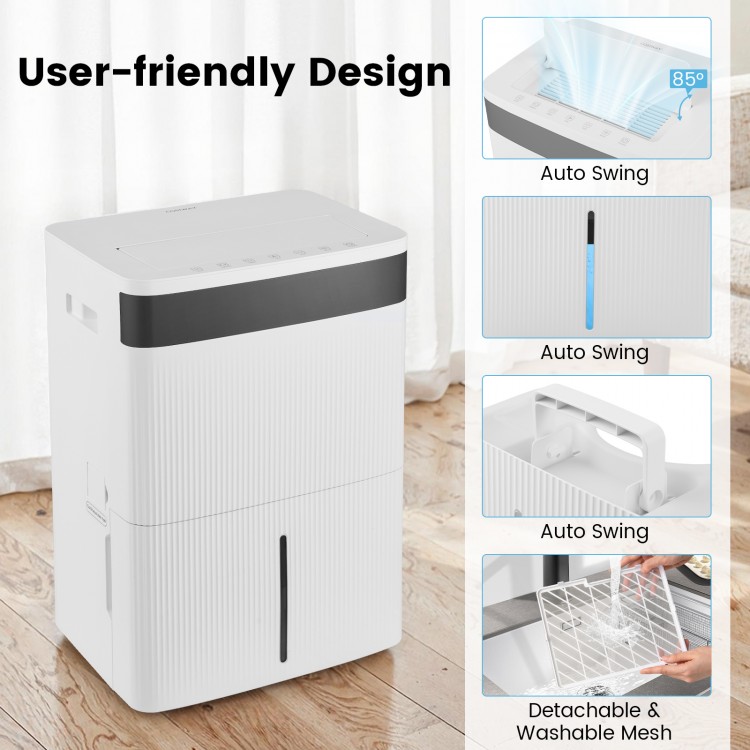 74 Pints dehumidifier in white with smart touch control panel and large water tank, ideal for home use up to 4500 sq.ft.