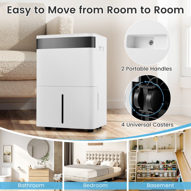74 pints dehumidifier in white with portable handles and universal casters for easy movement between rooms.