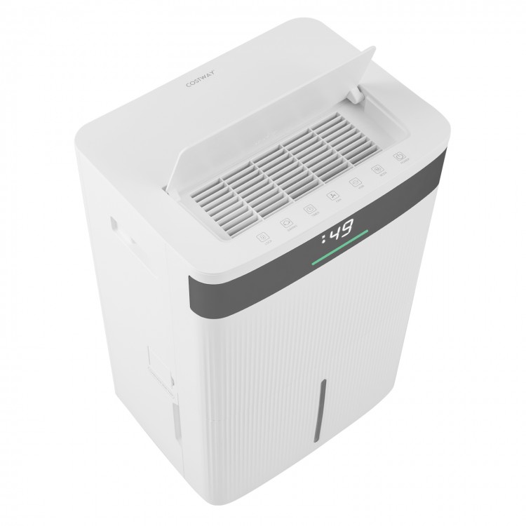 74 pints dehumidifier in white with smart touch panel, large water tank, and portable design for home use.