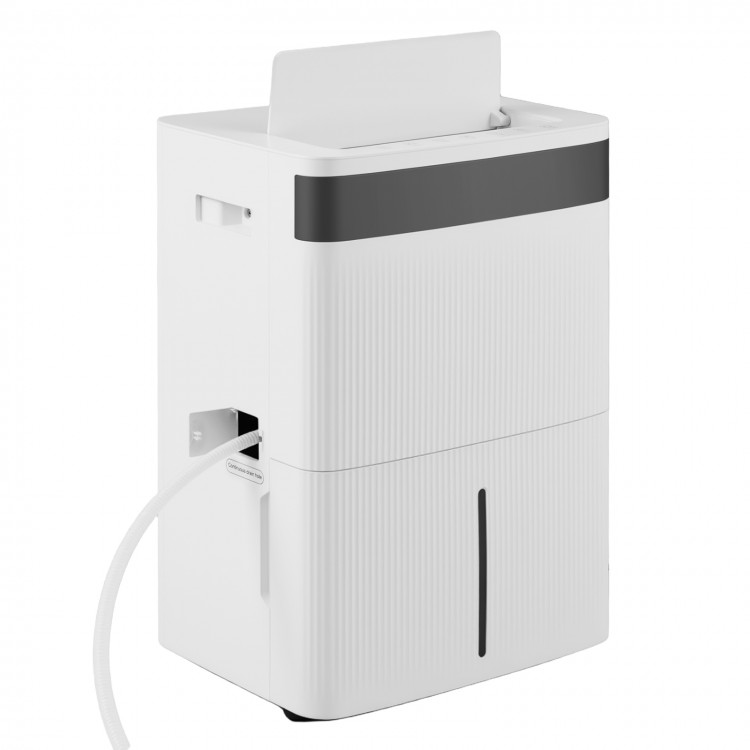 74 pints dehumidifier in white with smart touch control, large water tank, and universal wheels for easy mobility.