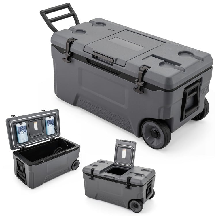 74 quart portable rolling cooler in gray with wheels, flip-up window, and fish ruler, ideal for camping and outdoor use.