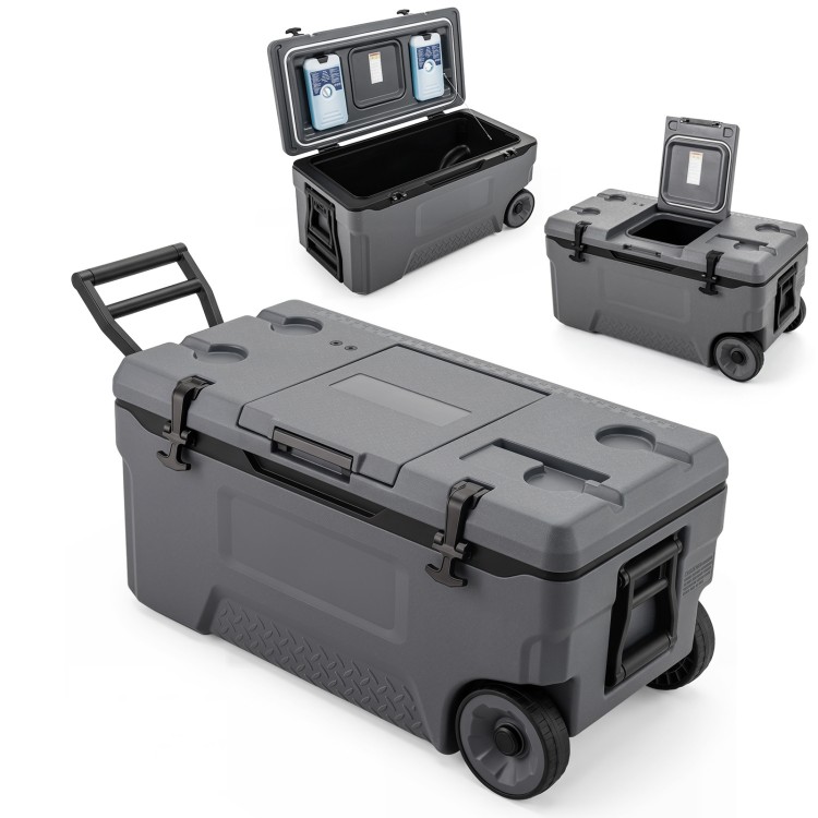 74-quart portable rolling cooler in gray with wheels, fish ruler, and cup holders, ideal for camping and outdoor activities.