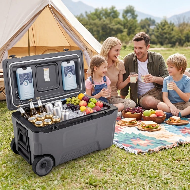 74 quart gray portable rolling cooler with ice bags, cup holders, and fish ruler, perfect for camping and picnics.