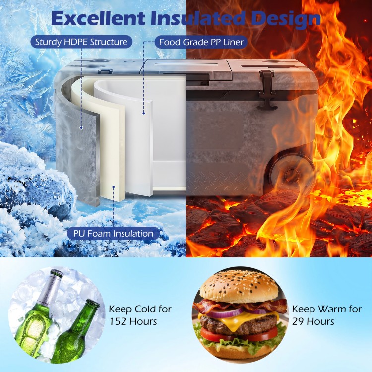 74 quart portable rolling cooler in gray with PU foam insulation, keeping items cold for 152 hours, ideal for outdoor use.