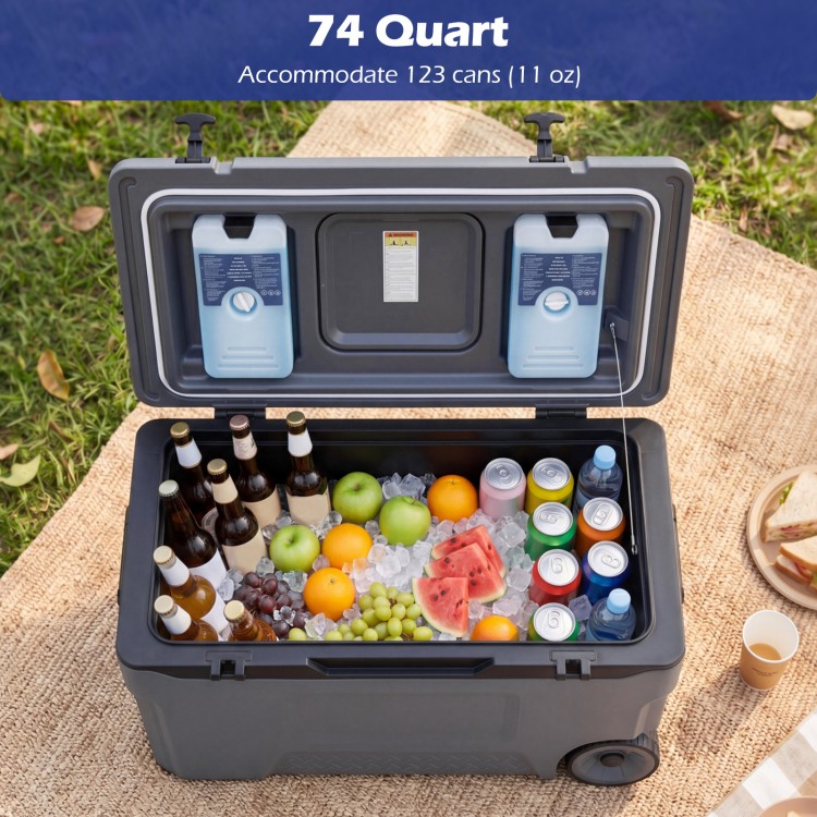 74 quart portable rolling cooler in gray with ice bags, cup holders, and fish ruler, ideal for camping and picnics.