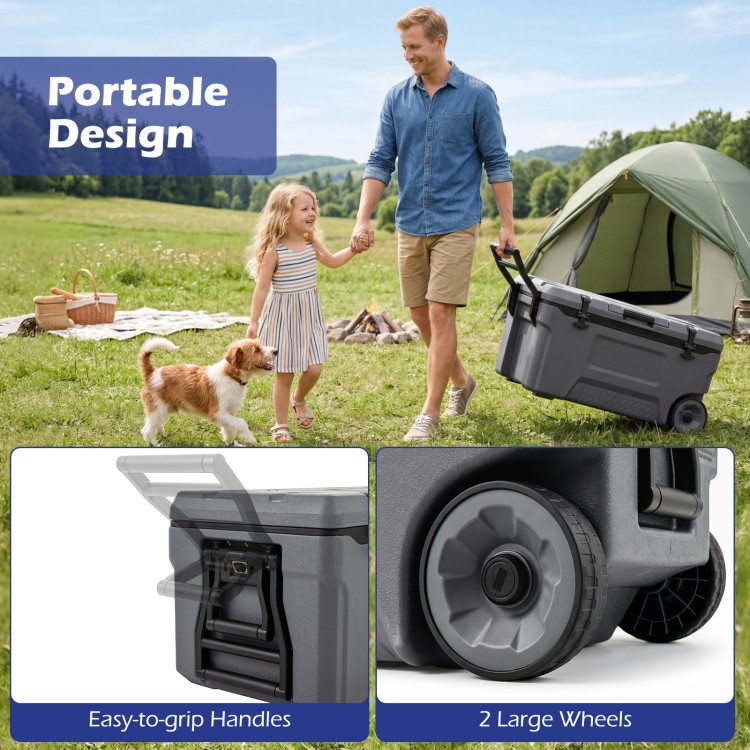 Portable 74 quart rolling cooler in gray with easy-to-grip handles, large wheels, and fish ruler for outdoor activities.