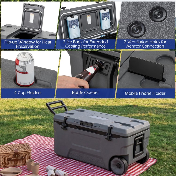 74 quart portable rolling cooler in gray with cup holders, bottle opener, and fish ruler, ideal for camping and picnics.