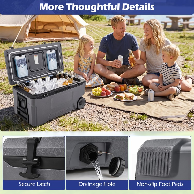 74 quart gray portable rolling cooler with secure latch, drainage hole, and non-slip foot pads for outdoor activities.