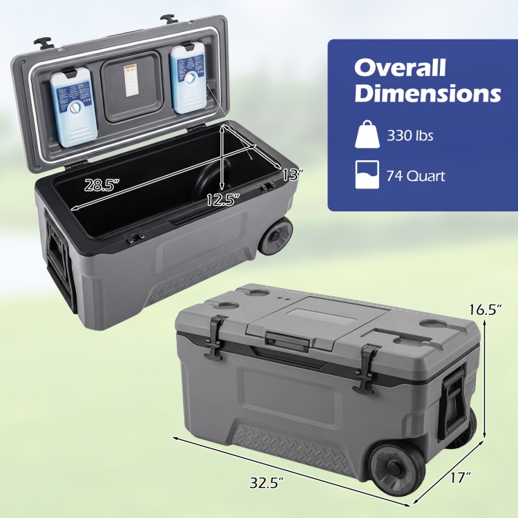 Portable 74 quart rolling cooler in gray with fish ruler, holds 123 cans, ideal for camping and outdoor activities.