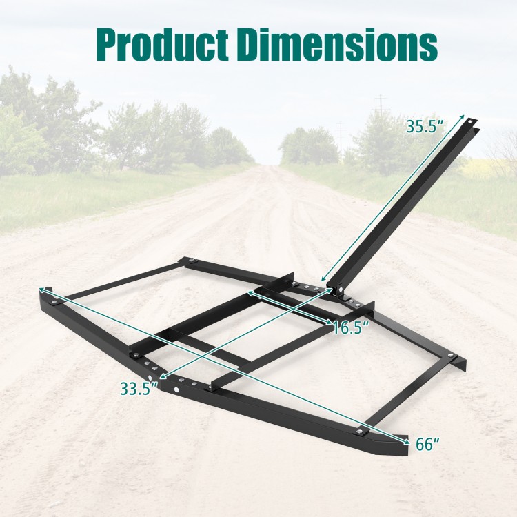 Driveway drag tow behind landscape leveling rake dimensions, 74 inches wide, made from reinforced black powder-coated.