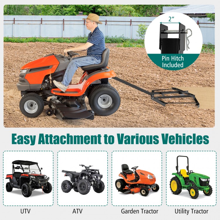74-inch driveway drag tow behind landscape leveling rake, black, easily attaches to UTVs, ATVs, and tractors for.