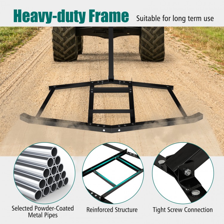 Heavy-duty 74-inch driveway drag rake with reinforced metal frame, suitable for leveling soil, sand, and gravel.