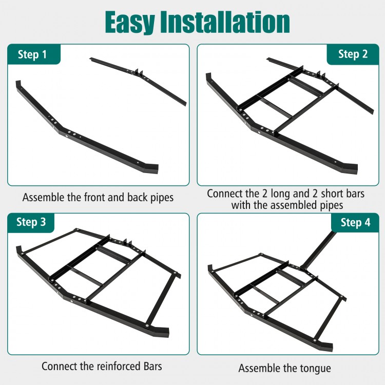 Driveway drag tow behind landscape leveling rake assembly steps with reinforced bars for UTVs, ATVs, and tractors.