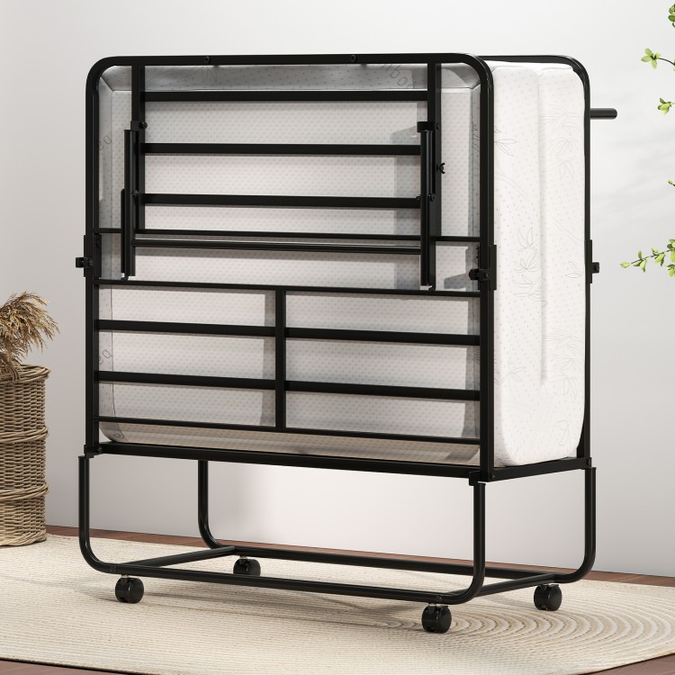 Folding bed with mattress in a compact design, featuring a heavy-duty metal frame and rolling casters for easy storage.