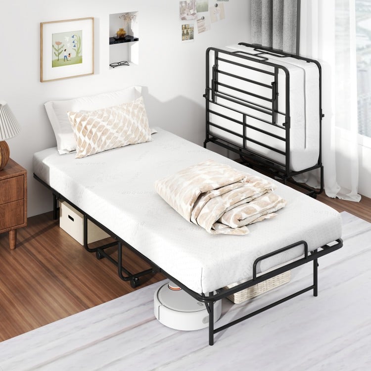 Folding twin bed with gel memory foam mattress, heavy-duty metal frame, and rolling casters for easy storage in small.