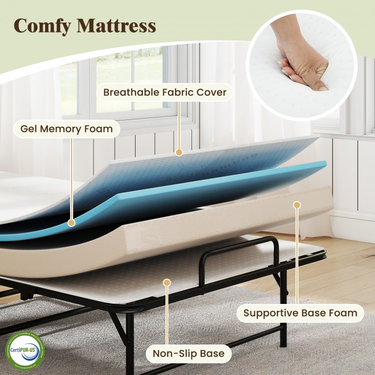 Folding bed with gel memory foam mattress, non-slip base, and breathable cover, ideal for small spaces and guest use.