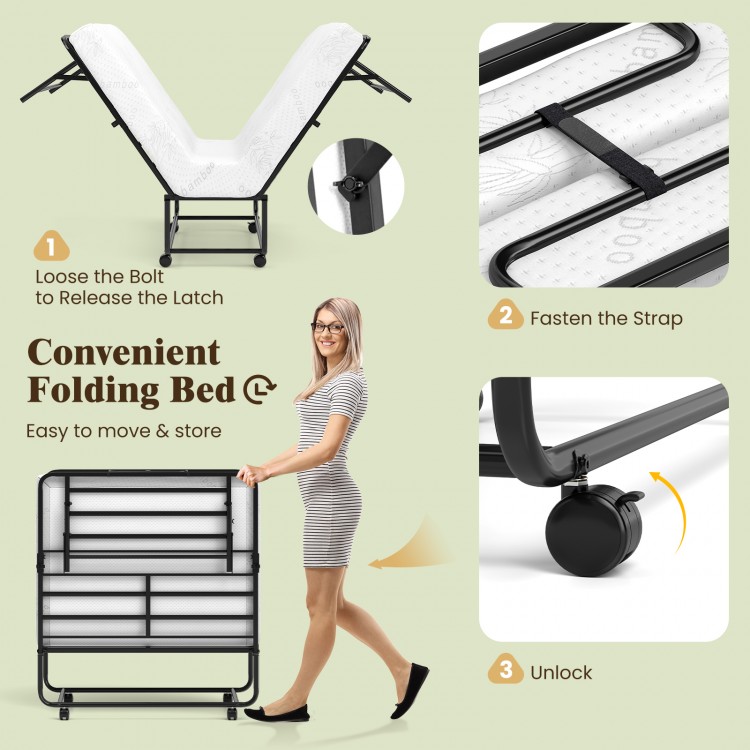 Folding bed with gel memory foam mattress, featuring a heavy-duty metal frame and rolling casters for easy storage.