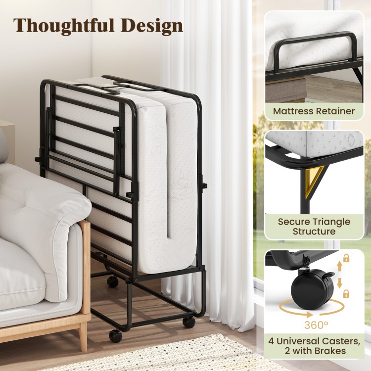 Folding bed with mattress in a compact design, featuring a heavy-duty metal frame and 4 universal casters for easy.