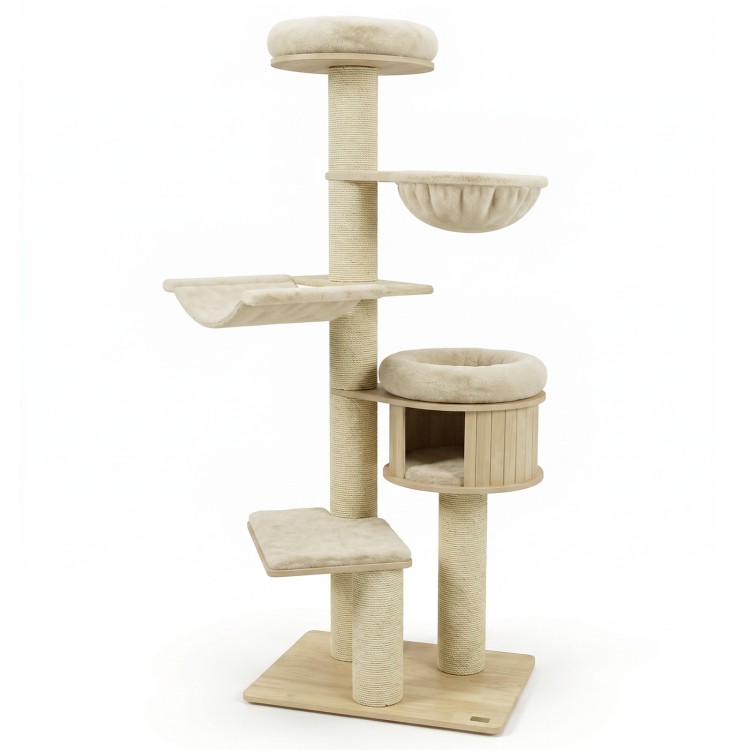 Tall beige cat tree featuring 7 sisal posts, a hammock, and a spacious condo for multiple cats to play and relax.
