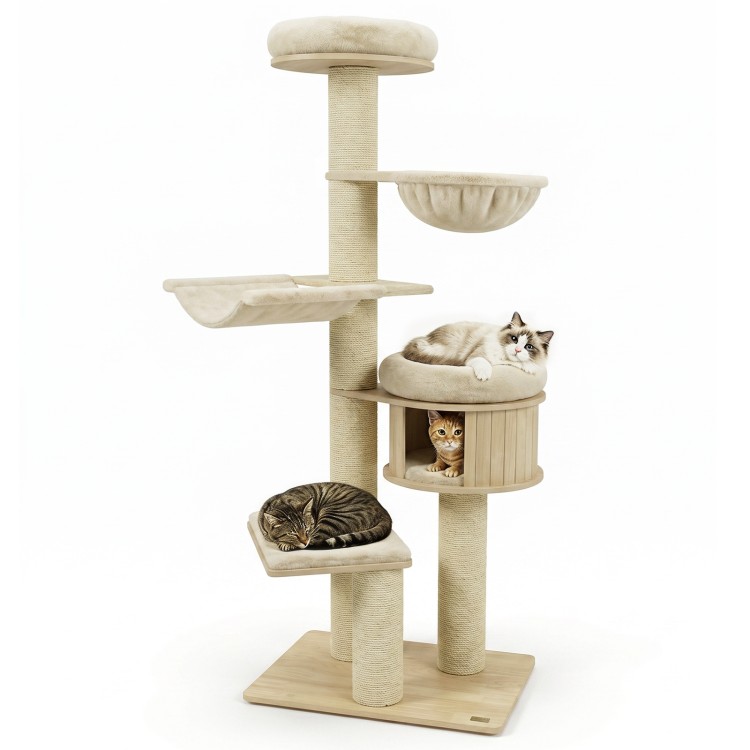 Tall beige cat tree featuring multiple levels, soft cushions, and sisal posts for scratching, perfect for indoor cats.