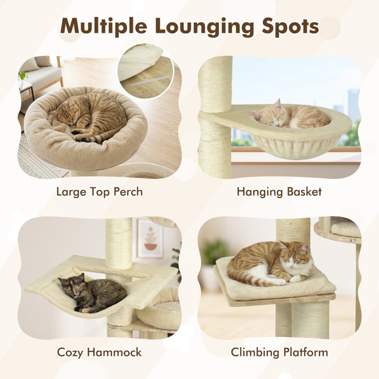 Cozy hammock and large top perch on a 75.5" tall beige cat tree designed for multiple cats to lounge and play.