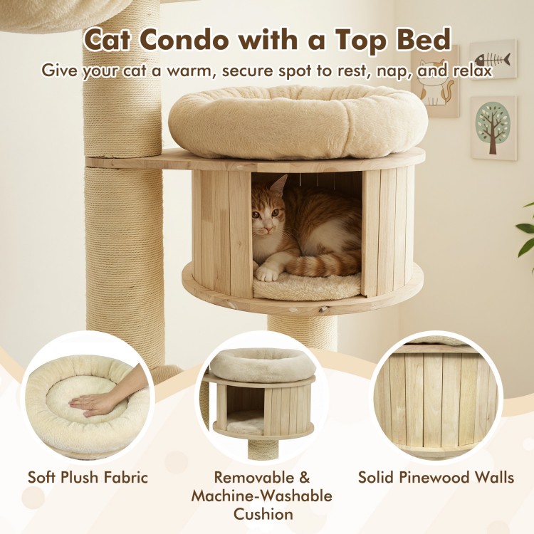 Tall cat tree with beige soft cushions, spacious top perch, and multiple sisal posts for indoor cat fun and relaxation.