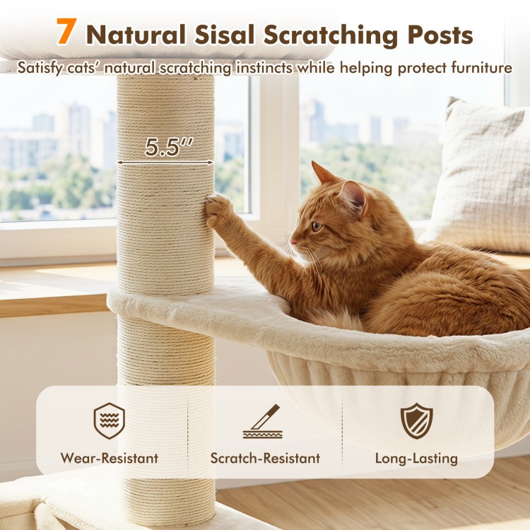 Tall cat tree featuring 7 natural sisal scratching posts and a cozy hammock, perfect for indoor feline fun and relaxation.