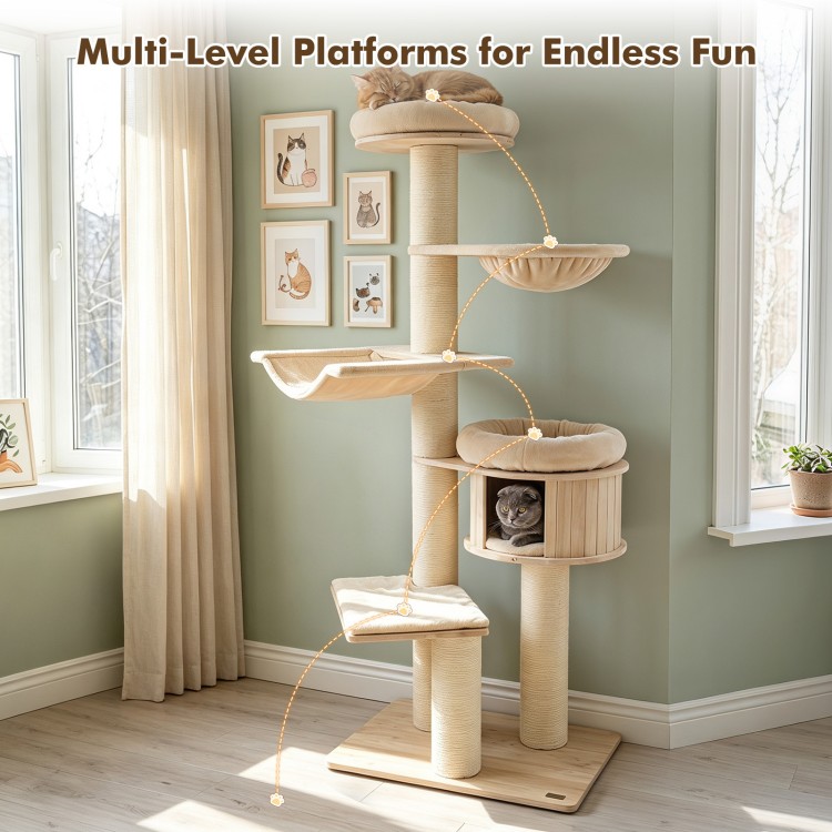 Multi-level cat tree features a spacious top perch, soft cushions, and 7 sisal posts for indoor fun and scratching.