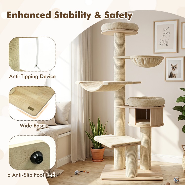 Tall 75.5" cat tree in beige features a wide base, soft cushions, and multiple sisal posts for indoor cat fun.