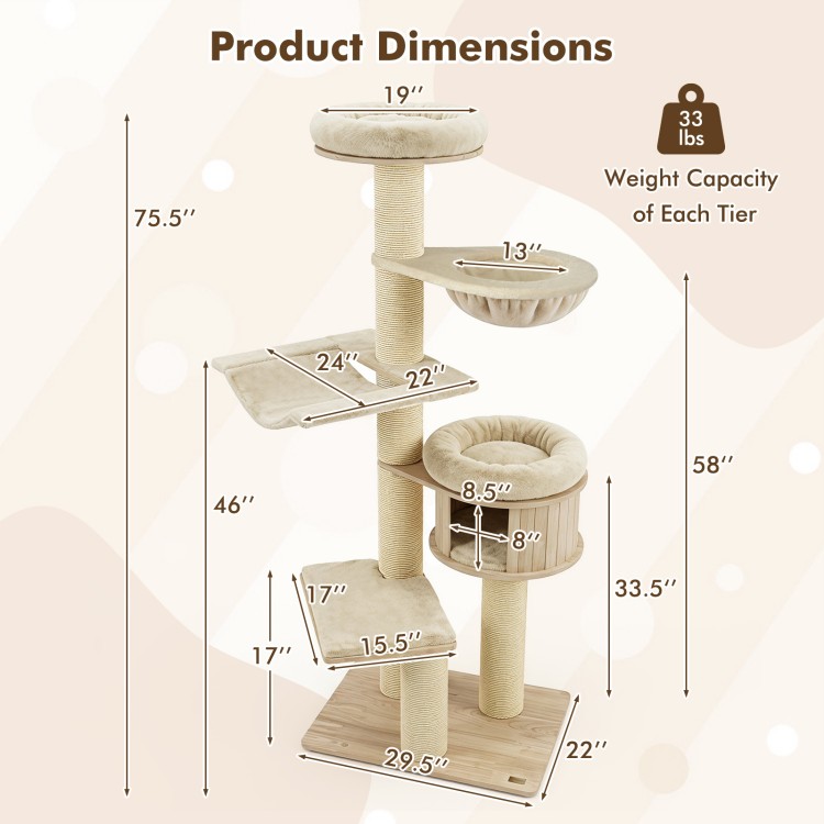 Dimensions of the 75.5" tall beige cat tree with multiple tiers, hammocks, and sisal posts for indoor cat fun.