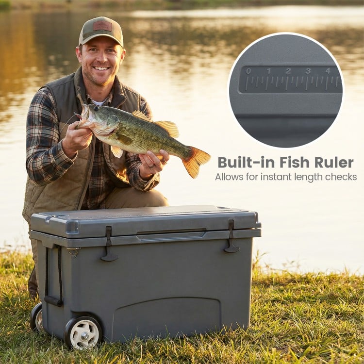 75 quart gray portable hard cooler with wheels, built-in fish ruler, ideal for fishing and outdoor activities.