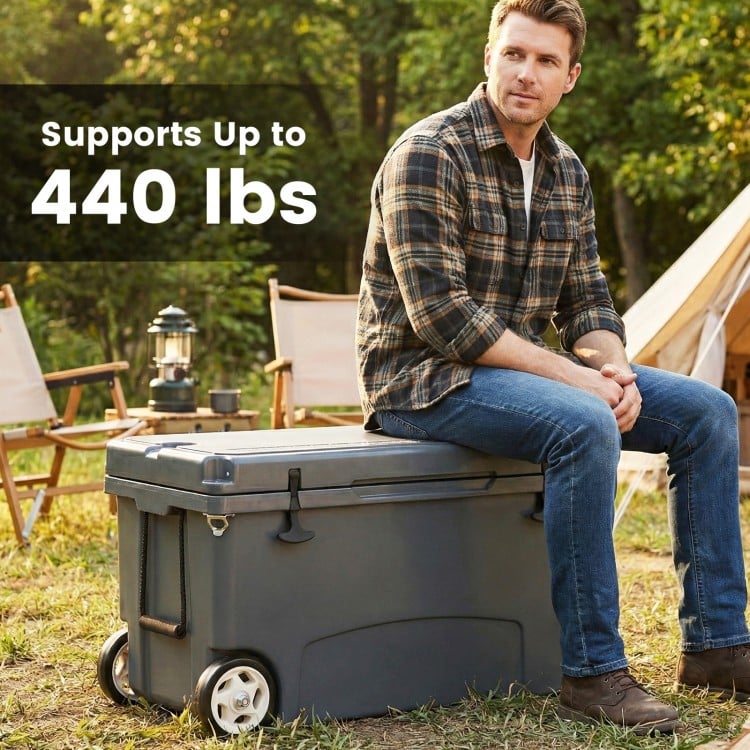 75 quart gray portable hard cooler with wheels, supporting up to 440 lbs, ideal for camping and outdoor activities.