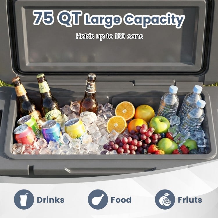 75 QT portable hard cooler in gray filled with ice, drinks, and fruits, perfect for camping and outdoor activities.