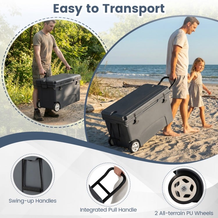 Portable 75 quart hard cooler in gray with wheels, pull handle, and swing-up handles for easy transport to the beach.