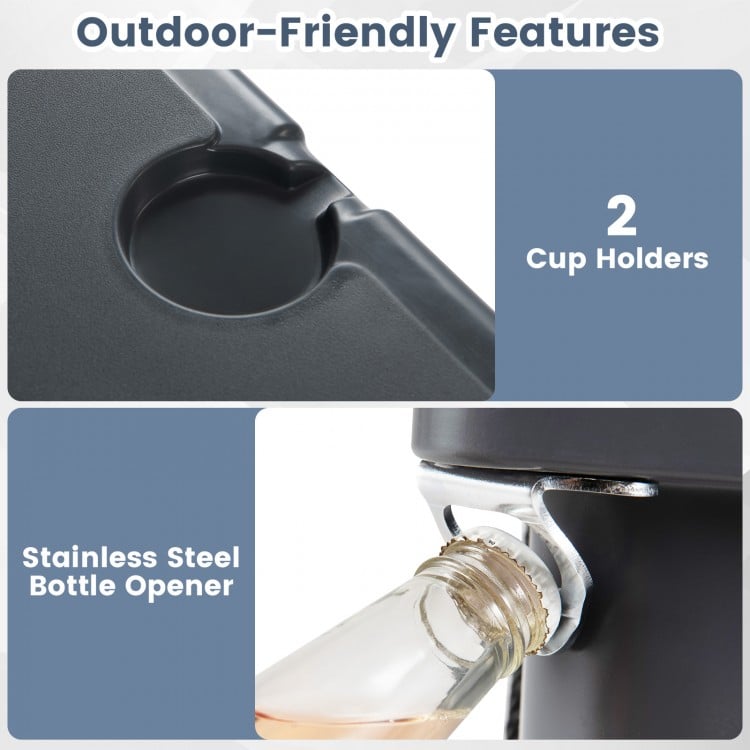 Close-up of the 75 quart cooler's cup holders and stainless steel bottle opener, ideal for outdoor gatherings.