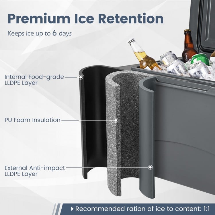 Close-up of the 75 quart portable hard cooler with LLDPE layer, showcasing ice retention features for camping and.