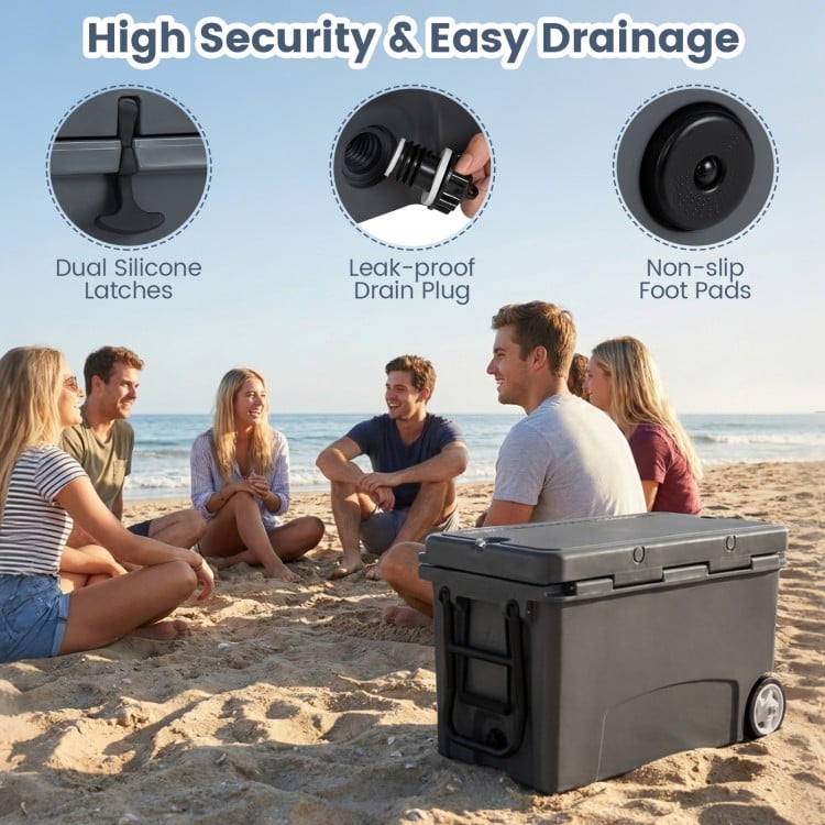 75 quart gray portable hard cooler with wheels, dual latches, and non-slip foot pads, ideal for beach outings.