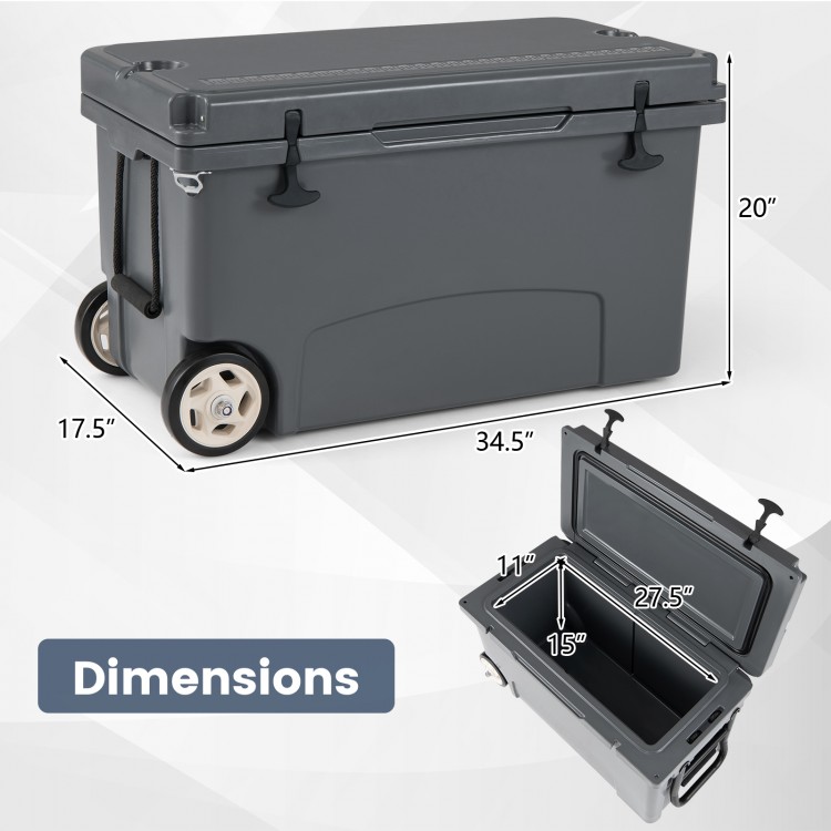 75 quart portable hard cooler in gray with wheels, featuring dimensions for easy transport and ample storage for food.