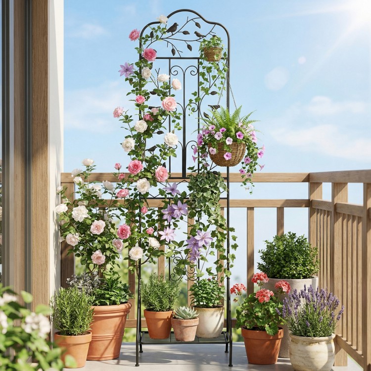 Outdoor metal garden trellis with elegant design, foldable bottom shelf, perfect for supporting climbing plants and flowers.