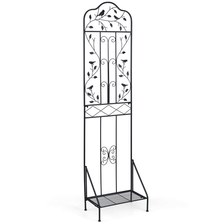 Elegant 75 x 20 inch black metal garden trellis with a foldable bottom shelf for supporting climbing plants and flowers.