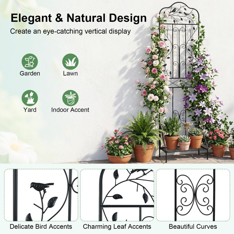 Outdoor metal garden trellis with elegant bird and leaf design, featuring a foldable bottom shelf for plant display.
