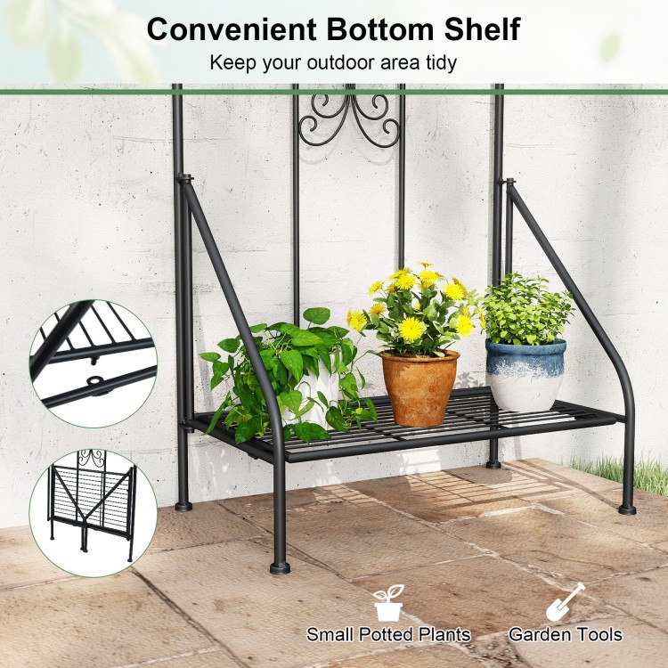 Outdoor metal garden trellis with a foldable bottom shelf, featuring a sturdy black frame for potted plants and garden tools.