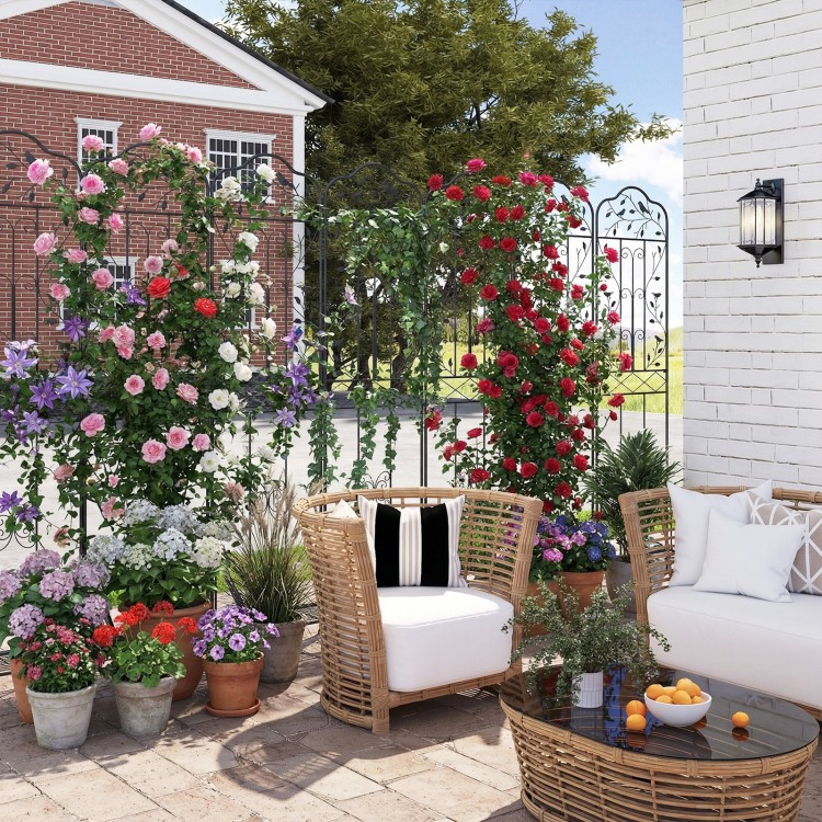 Outdoor metal garden trellis with elegant bird design, featuring a foldable bottom shelf for plant organization and support.
