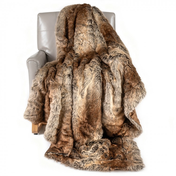 Soft plush fuzzy luxury faux raccoon fur blanket draped over a chair, ideal for sofas and cozy warmth.
