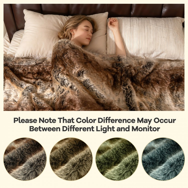 Soft plush fuzzy luxury faux raccoon fur blanket in a cozy setting, ideal for sofas and beds, with double-sided design.