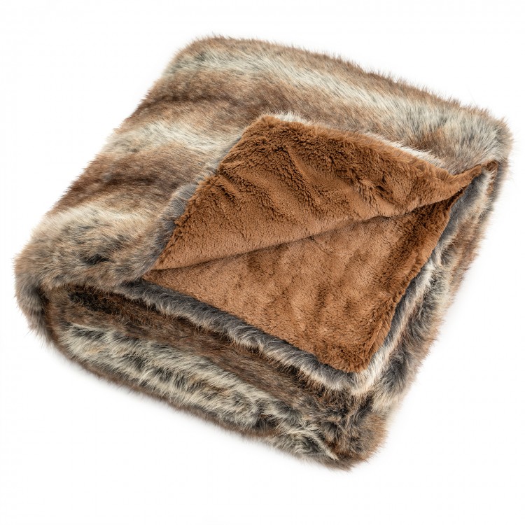 Soft plush fuzzy luxury faux fox fur blanket in brown, featuring a double-sided design for comfort and warmth.