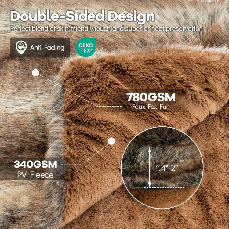 Close-up of the 780GSM soft plush faux fox fur blanket, showcasing the brown double-sided design and texture details.