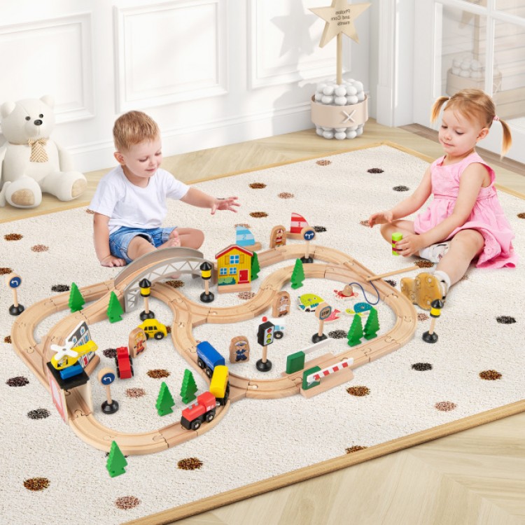 Wooden train set with 78 pieces, featuring vehicles, figures, and traffic signs for imaginative play and development.